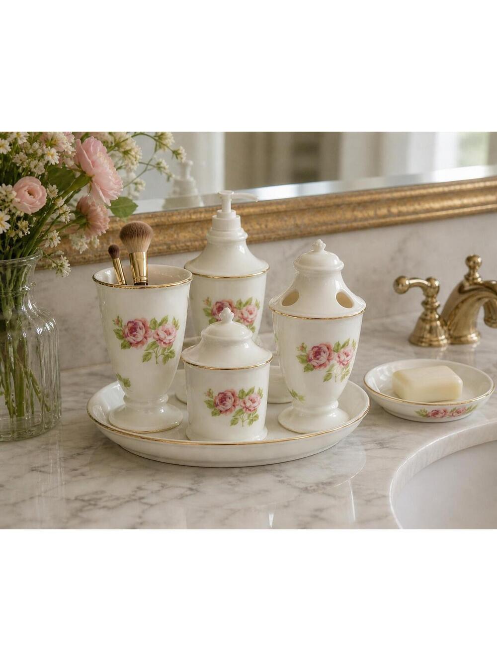 Martha Stewart Everyday Rose Floral Bathroom Accessory Set Of 5 Ceramic White